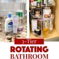 2 places to use a rotating bathroom organizer in a bathroom. One the counter and in a cabinet under the sink.