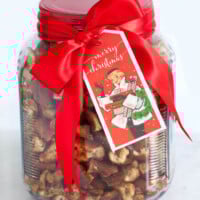 Garlic pretzels in a jar with a gift tag